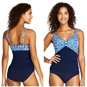 Land’s End V neck wrap underwire tankini navy and print adjustable straps 8